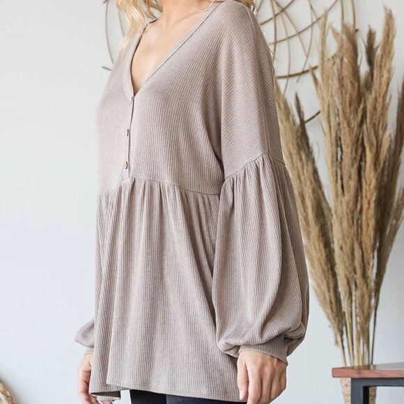 NWT Neutral Balloon Sleeve Top Minimalist Classic Bohemian Fall - Picture 3 of 4